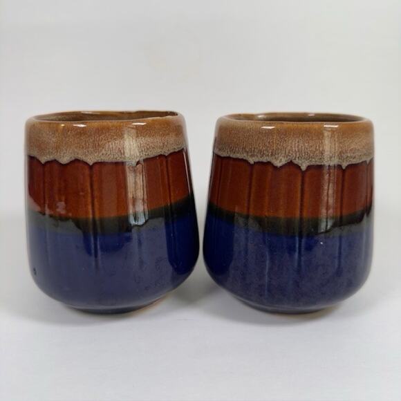 Classic Handmade Ceramic Drip Glaze Mug Cup set of 2 Brown Blue Retro 1970s VTG - Picture 5 of 10